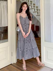 DAZY 女士格子简约休闲吊带连衣裙/吊带长裙 - 黑與白 - 查看 4