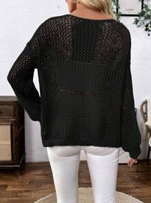 SHEIN LUNE Einfacher einfarbiger Pullover mit ausgeschnittenem Sternmuster für den Lässig-Alltag, gestrickter Pullover für Herbst und Winter - Schwarz - Übersicht 2