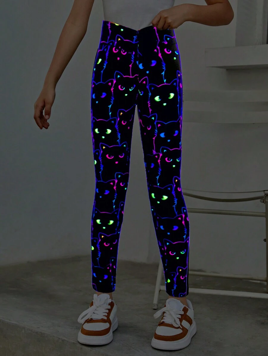 SHEIN Tween Girl's Tight Casual Fluorescent Cute Cat Printed Crossed-Waist Leggings - Black - View 1