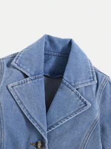 Young Girl Elegant Long Denim Padded Coat For Winter - Medium Wash - View 4