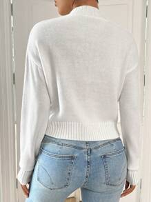 Chiquease Áo len nữ màu trắng dáng ngắn cổ cao, họa tiết hoa 3D, kiểu dáng thường ngày, thích hợp cho mùa tựu trường, thu đông. - trắng - Xem 2