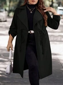 SHEIN CURVE+ Abrigo de trinchera con cintura con cordón y mangas con dobladillo en otoño/invierno, talla grande