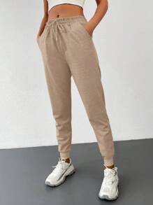 RueChic Solid Drawstring Waist Sweatpants - Beige - View 3