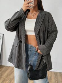 Flirla Plus Size Double-Breasted Grey Striped Print Long Sleeve Loose Blazer Graduation,Back To School,Teacher Outfits For Women - Grey - View 5