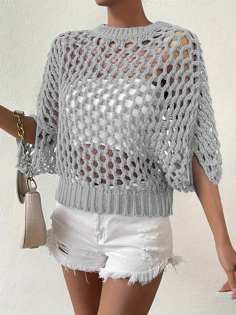 Chiquease 女士纯色圆领蝙蝠袖镂空宽松休闲毛衣，春秋季 - 灰色 - 查看 1