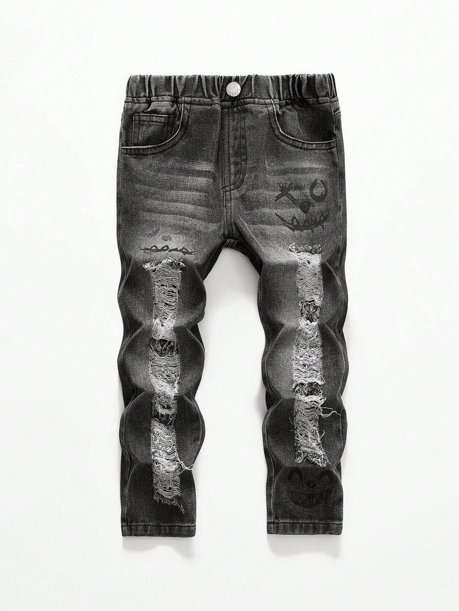 SHEIN Explorewe Young Boy Distressed Washed Soft Denim Long Pants With Face Prints, Casual - Black - View 1