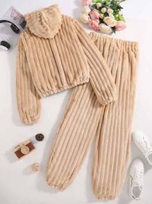 2 bucăți de culoare solidă cu glugă cu mâneci lungi și pantaloni costum casual pentru fete adolescente - cafea maro - Vizualizare 2