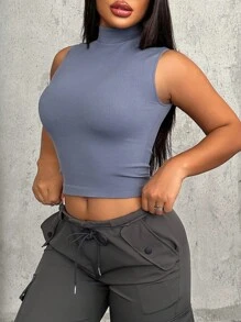 Zolique Women's Seamless Solid Color Sleeveless Mock Neck Tank Top, Summer - Dusty Blue - View 3