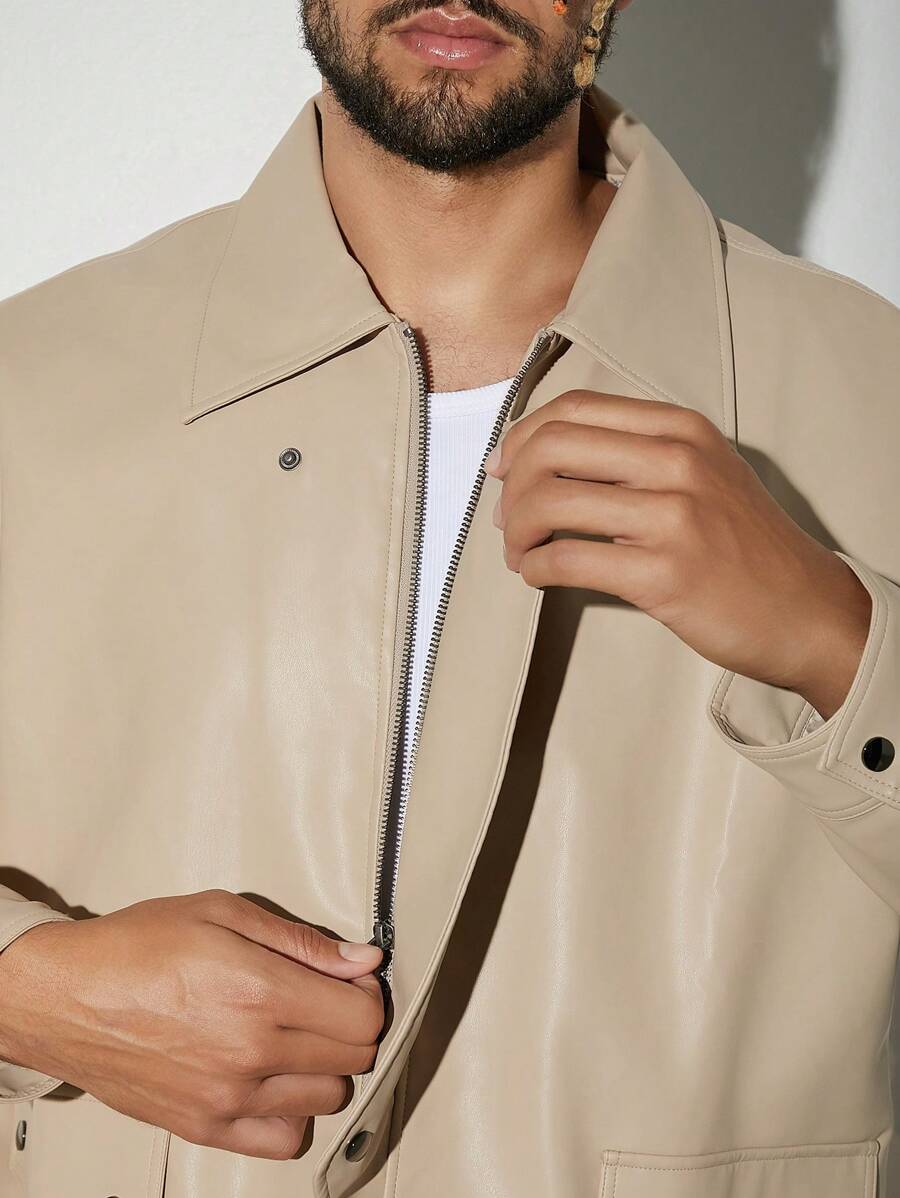 Hauture Drop Shoulder Zip PU Leather Jacket