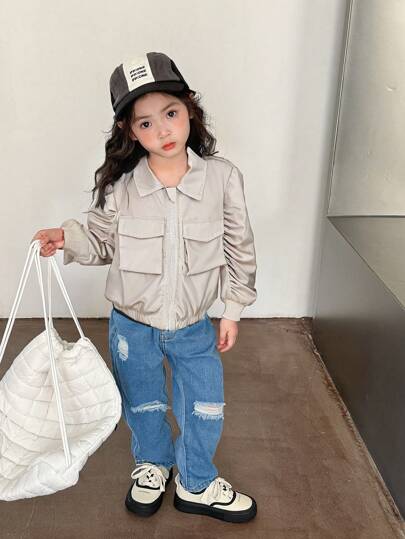 SHEIN Girls' Casual Wear For Everyday Or School, Long-Sleeved, Regular Shoulder With Folded Sleeves, Pleated Cuffs, Batwing Style, Lapel Collar, 3D Pocket, Elastic Short Hem And Zippered Jacket. This Jacket Is Suitable For Children Who Like And Avant-Garde Styles, And Are Brave To Express Themselves. [Fall/Winter New Arrivals]