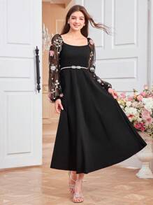 SHEIN Chicas adolescentes Vestido con bordado floral panel con malla aplique sin cinturón - Negro - Ver 3
