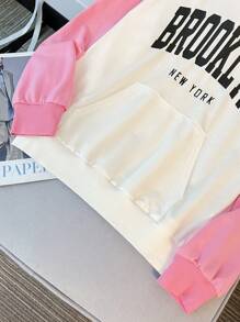 SHEIN Moletom com capuz colorblock para menina adolescente com estampa de fonte em inglês, casual