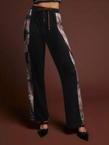 SHEINNeu Women's Solid Color Printed Patchwork Drawstring Waist Casual Trousers Fall Women's Clothing Fall Women's Clothing Fall Clothing Fall Clothing Tween Girls Pants Girls Pants