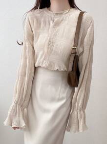 FRIFUL Áo cánh đơn sắc cài nút phía trước cho nữ, phong cách kỳ nghỉ, áo dài tay, bèo nhún - trắng - Xem 4