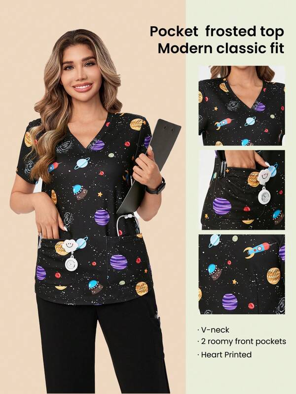 TaskEZ Femei - Top pentru exfoliant cu decolteu în V, cu mânecă scurtă pentru femei, cu decolteu în V, cu 2 buzunare, tricou cu imprimeu moale și elastic, pentru femei.