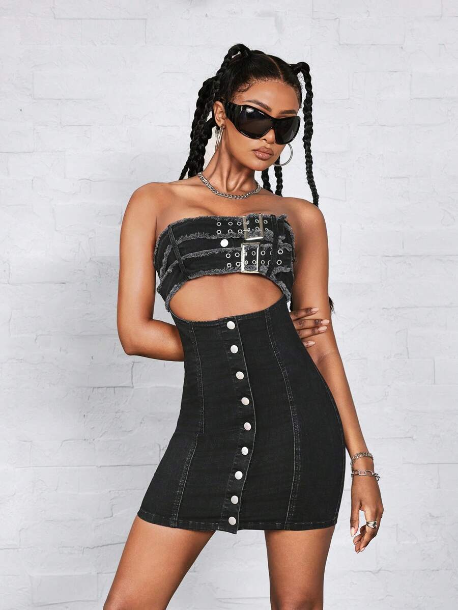 Button Front Sleeveless Hollow Sexy Denim Sundress - Black - View 1