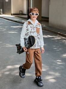 SHEIN Tween Boy Spring/Autumn Casual Letter Print Vest With Slogan Hoodie And Long Pants Set - Brown - View 5