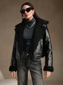 Anewsta 时尚拼色翻领双口袋短款女式夹克 - 黑色 - 查看 1