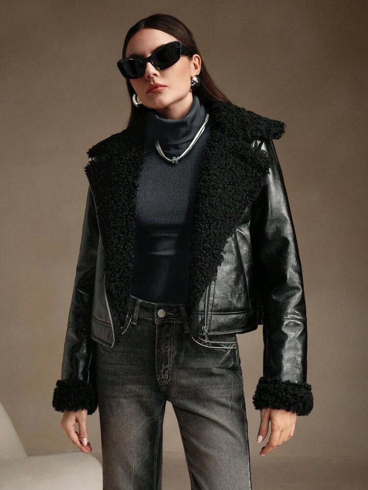 Chaqueta corta de mujer con bloqueo de color, cuello de solapa y bolsillos duales