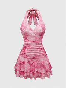 ROMWE Fairycore Women's Summer Vacation Backless Halter Neck Allover Print Dress - Pink - View 1