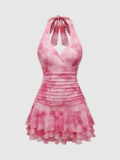 Fairycore Women's Summer Vacation Backless Halter Neck Allover Print Dress