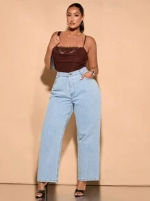 SHEIN BAE 大码女式甜美夏季垂坠领无袖撞色蕾丝紧身衣 - 咖啡棕 - 查看 3