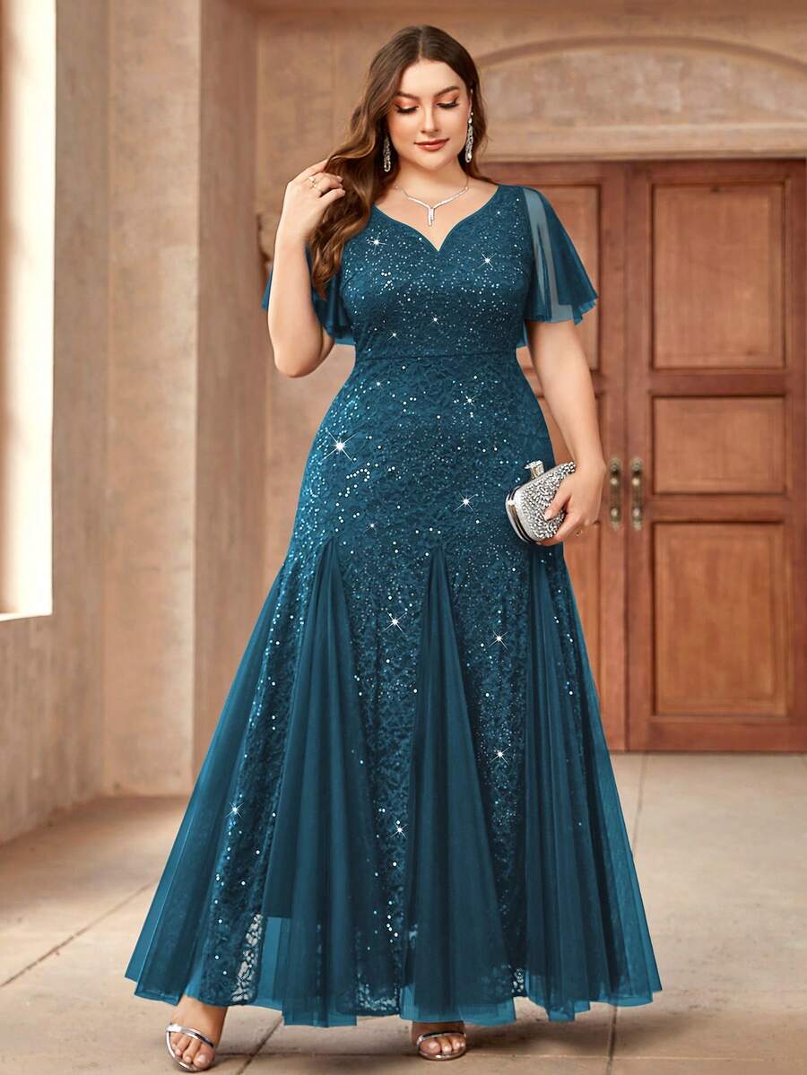 Đầm dạ hội đính sequin ren cổ tim tay bồng, đầm dự tiệc sang trọng, đầm dự tiệc cưới, thích hợp cho sinh nhật, lễ tốt nghiệp, dạ hội mùa xuân.