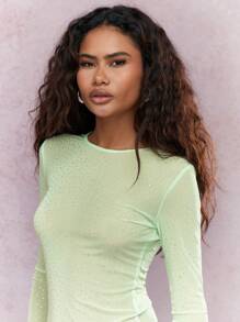 MISSGUIDED 优雅长袖闪亮修身上衣，适合圣帕特里克节庆祝活动、爱尔兰节日派对，弹力面料，闪亮水钻细节，幸运符晚装，圣诞节 - 綠色 - 查看 3