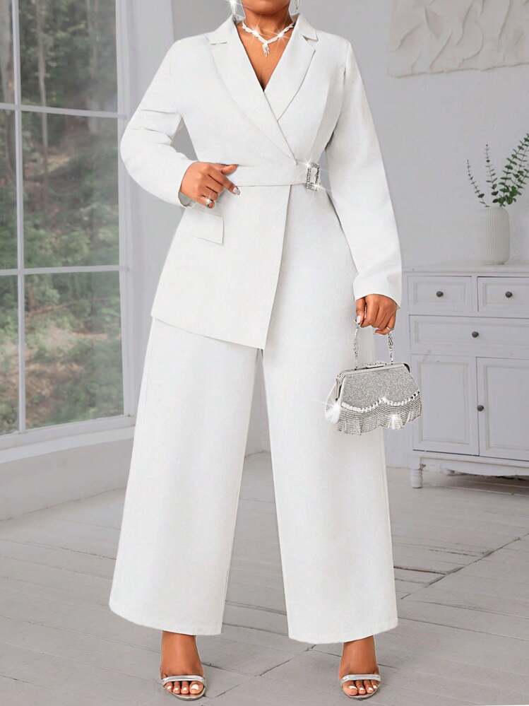 SHEIN Lady Mono blanco de talla grande con cuello de rhinestone, cintura ceñida, 2 en 1, mono largo de manga larga blanco para mujeres, conjunto de salida de noche para otoño - Blanco - Ver 3
