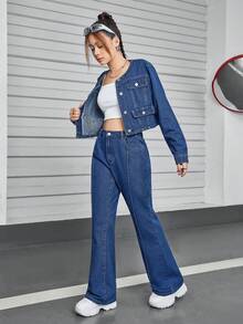 SHEIN Explorewe Conjunto de pantalones vaqueros acampanados de estilo retro informal para adolescentes - Azul lavado oscuro - Ver 3
