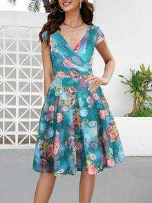 Mũ lưỡi trai nữ tay chéo cổ chữ V Vintage in hoa Tea Break Váy đầm dự tiệc thông thường - màu xanh lá - Xem 4