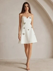 Anewsta 2024 Spring Summer New Arrival Pearl Decor White Open Shoulder Dress - White - View 6