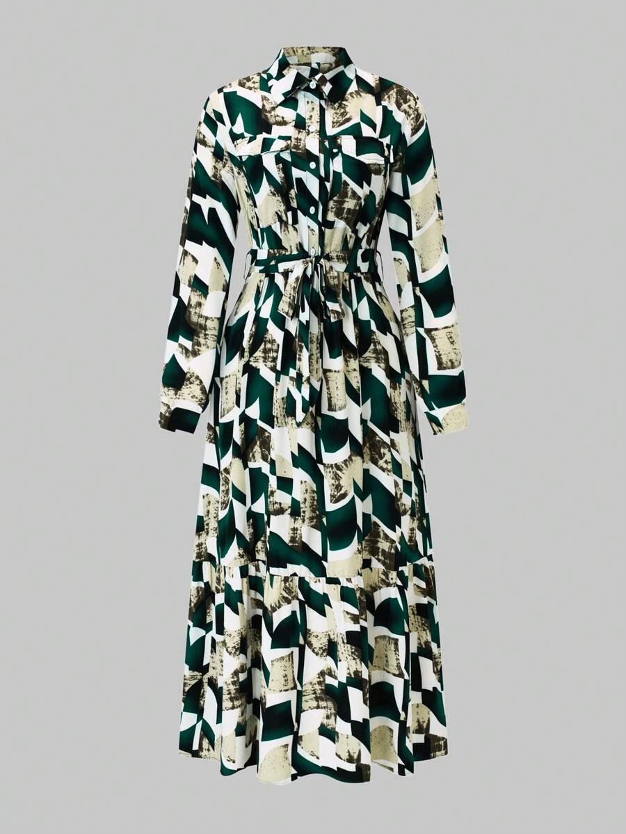 SHEIN Clasi 春秋大码休闲印花纽扣前开衬衫裙 - 彩色 - 查看 1