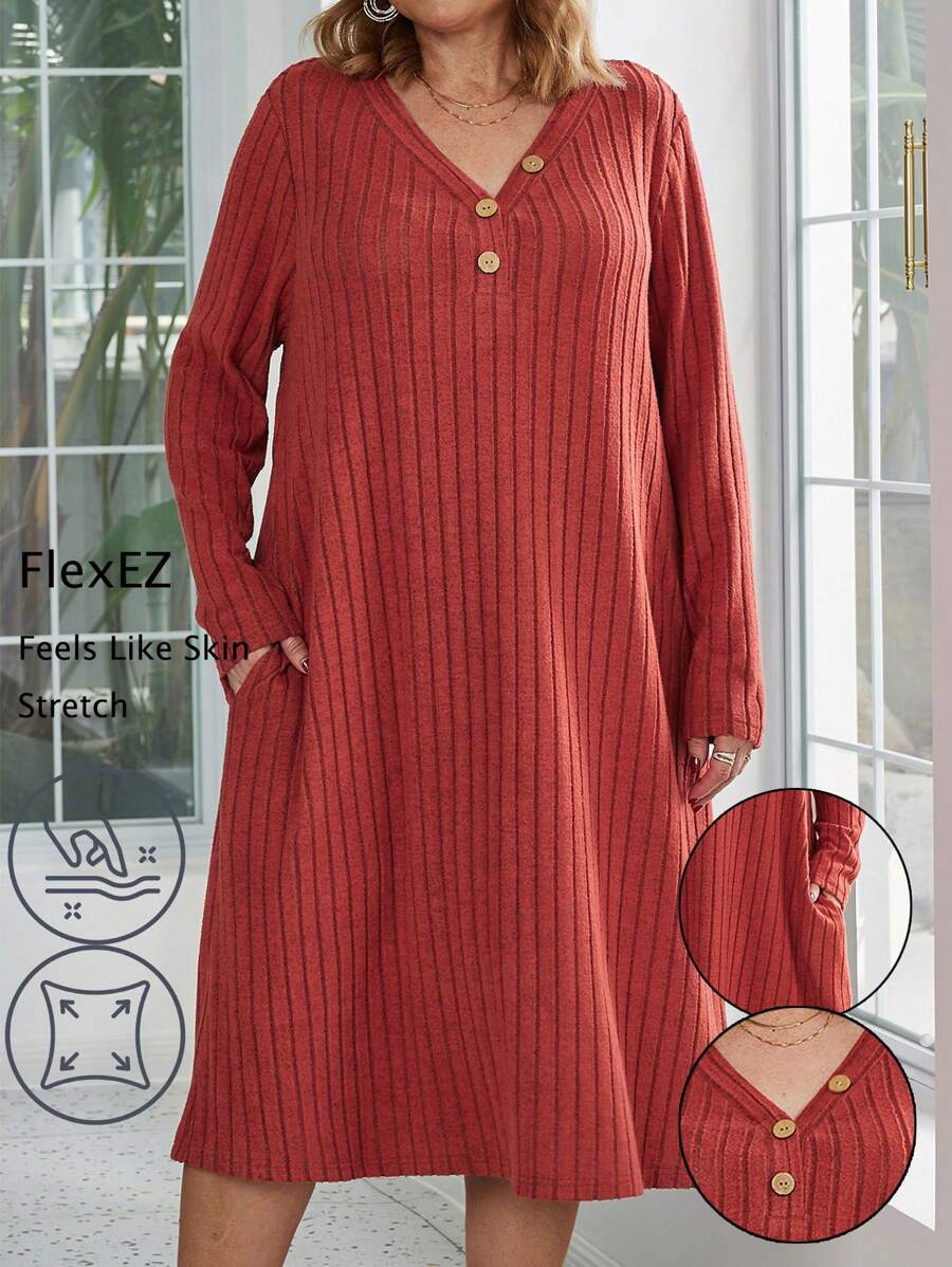 EMERY ROSE Plus Size Solid Color Ribbed Knit Casual Dress Spring & Fall - Red - View 1