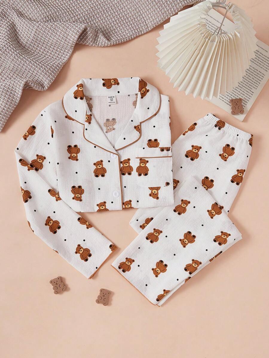 2 件套少女校园风格熊印花睡衣套装，长袖上衣和长裤，家居服 - 白色 - 查看 1