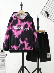 SHEIN 2 件青少年男童休闲运动衫和短裤套装，秋季 - 黑色 - 查看 1