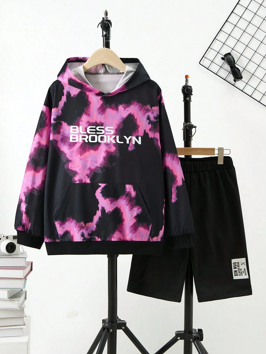 SHEIN 2 件青少年男童休闲运动衫和短裤套装，秋季 - 黑色 - 查看 1