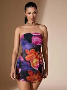 SHEIN BAE Elegante damesset van 2 stuks met trekkoord, asymmetrische zoom, oversized bloemenprint, tubetop en minirok met lage taille, zomer