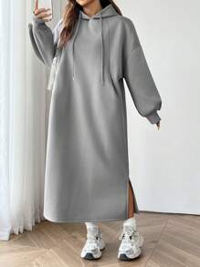 SHEIN EZwear Women's Solid Color Drop Shoulder Long Sleeve Drawstring Hoodie Dress, Winter/ Fall Clothes - Grey - View 6