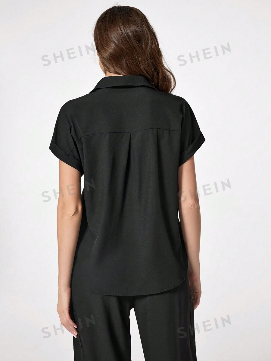 SHEIN TaskFit Women VNeck Zip Front Short Sleeve Work Uniform Top With