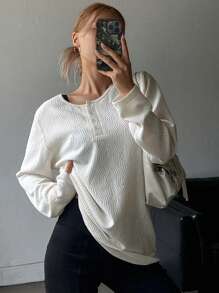 DAZY Femmes T-shirt texturé à manches longues avec fermeture éclair partielle de couleur unie, vêtements d'automne pour femmes - Beige - Voir 3