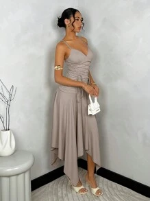 SHEIN BAE Váy dây đeo spaghetti xẻ cao phía trước màu trơn tối giản cho nữ - Xám - Xem 3