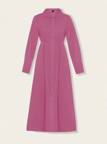 SHEIN Clasi 女士纽扣细节长袖收腰开衩优雅连衣裙，迷人风格长款女装