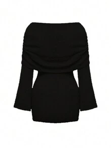 INAWLY Women's Off-Shoulder Long Sleeve Solid Color Simple Yet Elegant Knitted Dress