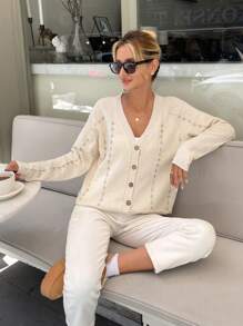 RueChic Women V-Neck Front Button Rhinestone Detailed Drop Shoulder Cardigan - Beige - View 1