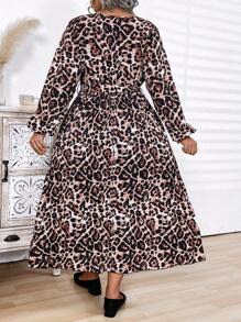 大码女式豹纹 V 领褶皱长裙，优雅连衣裙，适合工作和休闲装，秋冬 - 彩色 - 查看 2