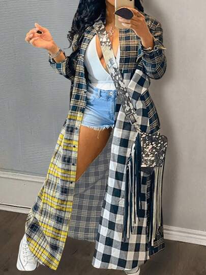 Slaydiva 大码拼色格子长袖前开长衬衫，秋冬