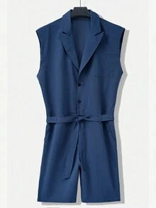 Manfinity Homme Men's Solid Color Lapel Sleeveless Jumpsuit With Waist Tie - Blue - View 6