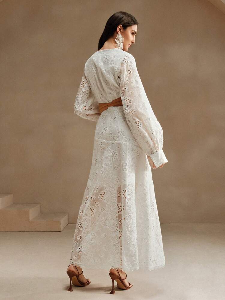 French Hollow-Out Lace V-Neck Long Sleeve Elegant White Dress For Women