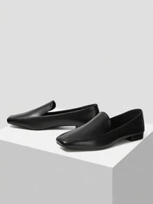 MOTF PREMIUM 女士方头低跟复古简约平底鞋，适合秋冬新年假期、情人节 - 黑色 - 查看 6